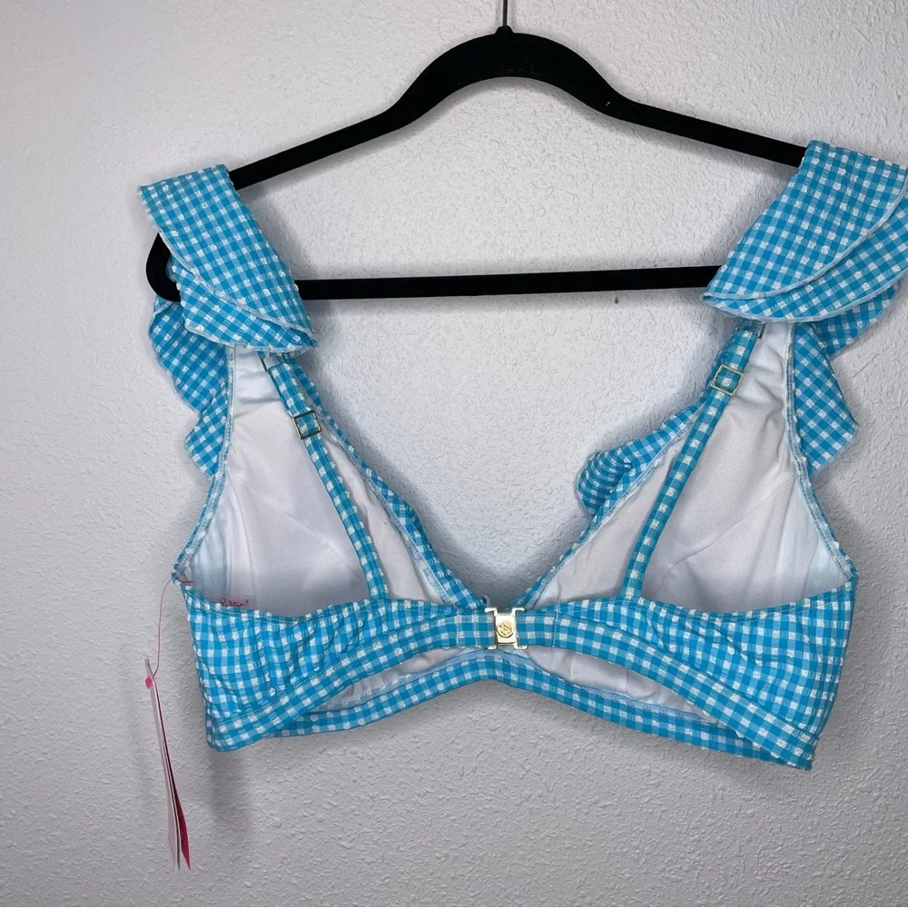 New Lilly Pulitzer Aelin Bikini Swim Top in Crinkle Turquoise Blue Oasis Gingham